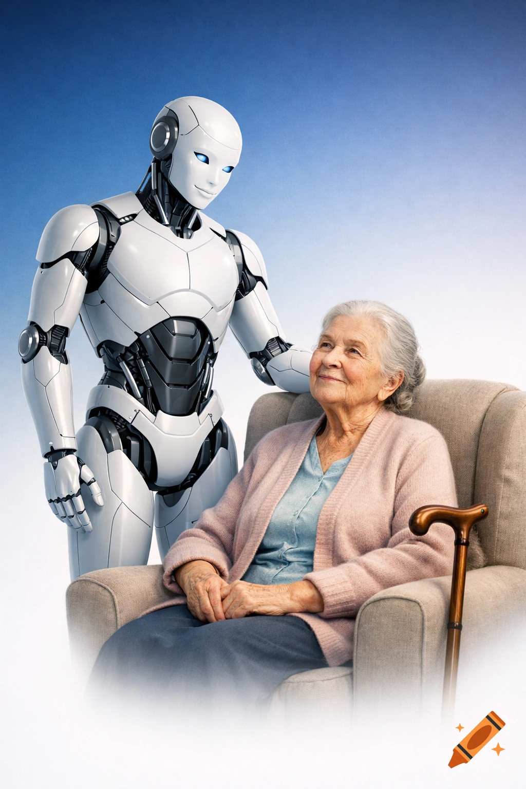 Photorealistic white humanoid robot with an elderly woman smiling in an armchair, cane nearby, against a blue to white gradient.