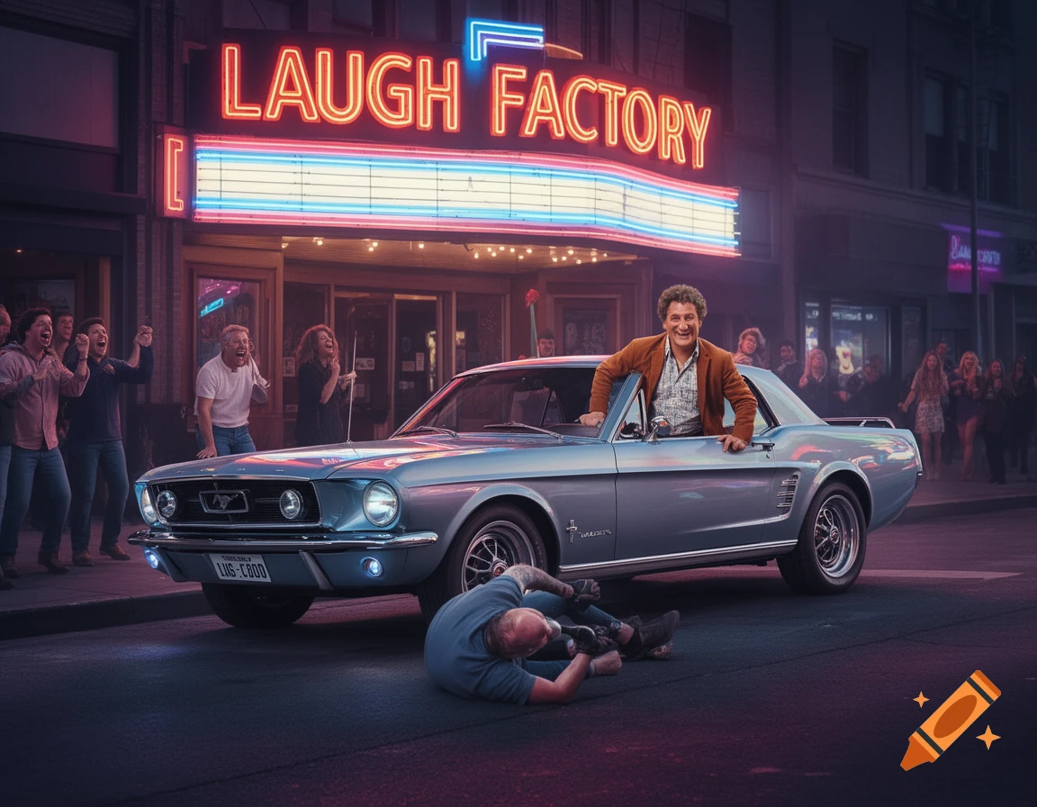 A man resembling Kramer leans out of a classic blue Mustang car in front of a neon-lit "LAUGH FACTORY" sign, while another man lies on the street. Spectators react in the background, in a cinematic style.