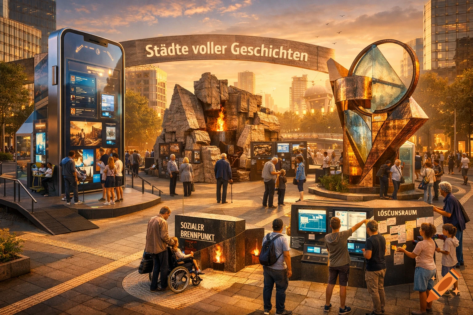 An urban square with a huge smartphone, rock sculpture with fire, and abstract art piece, all serving as interactive stations for people.