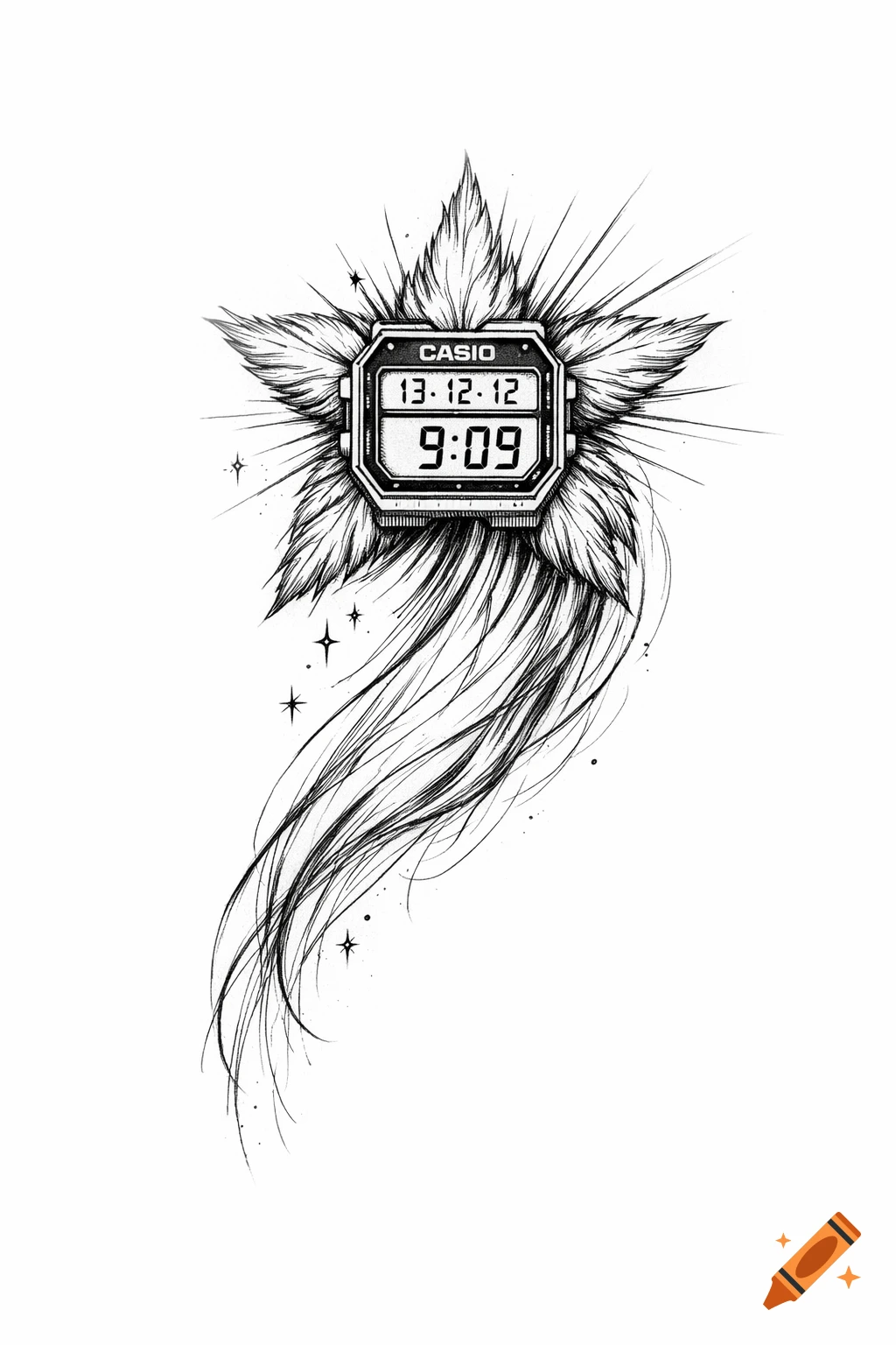 Black ink sketch of a Casio digital watch face stylized as a falling star with feather textures and a flowing meteor tail.