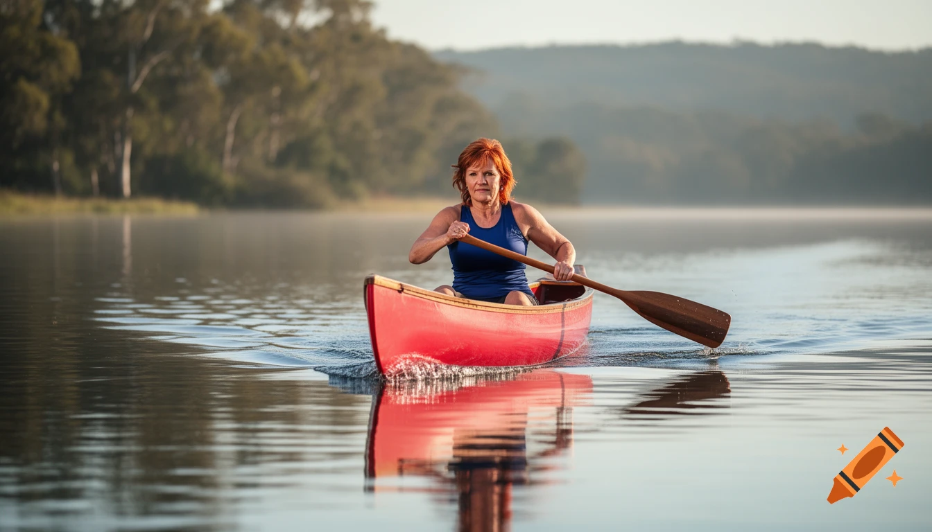 Red-haired woman paddles a red canoe rapidly across a misty lake, forest visible in the background, photorealistic style.
