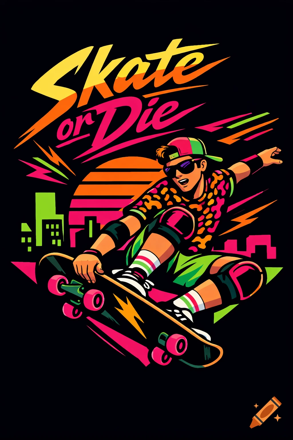 Vibrant 80s retro illustration of a skateboarder jumping with a board, city skyline and sunset in the background, text 'Skate or Die'.