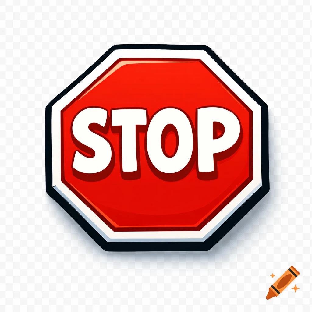 A red cartoon stop sign with a white border and the word STOP in white capital letters.