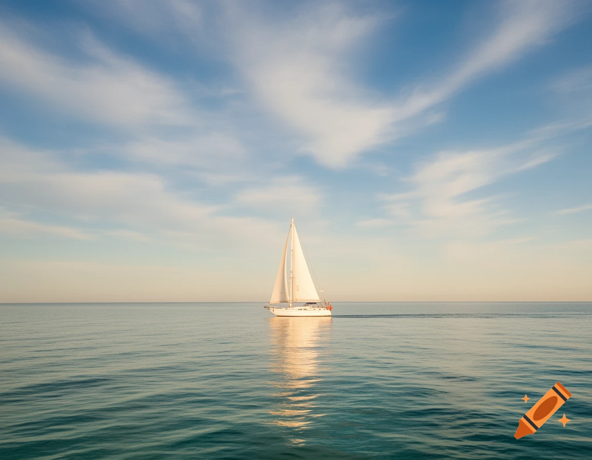 A white sailboat with a single sail glides on calm, reflective teal-blue water under a partly cloudy sky at sunset.