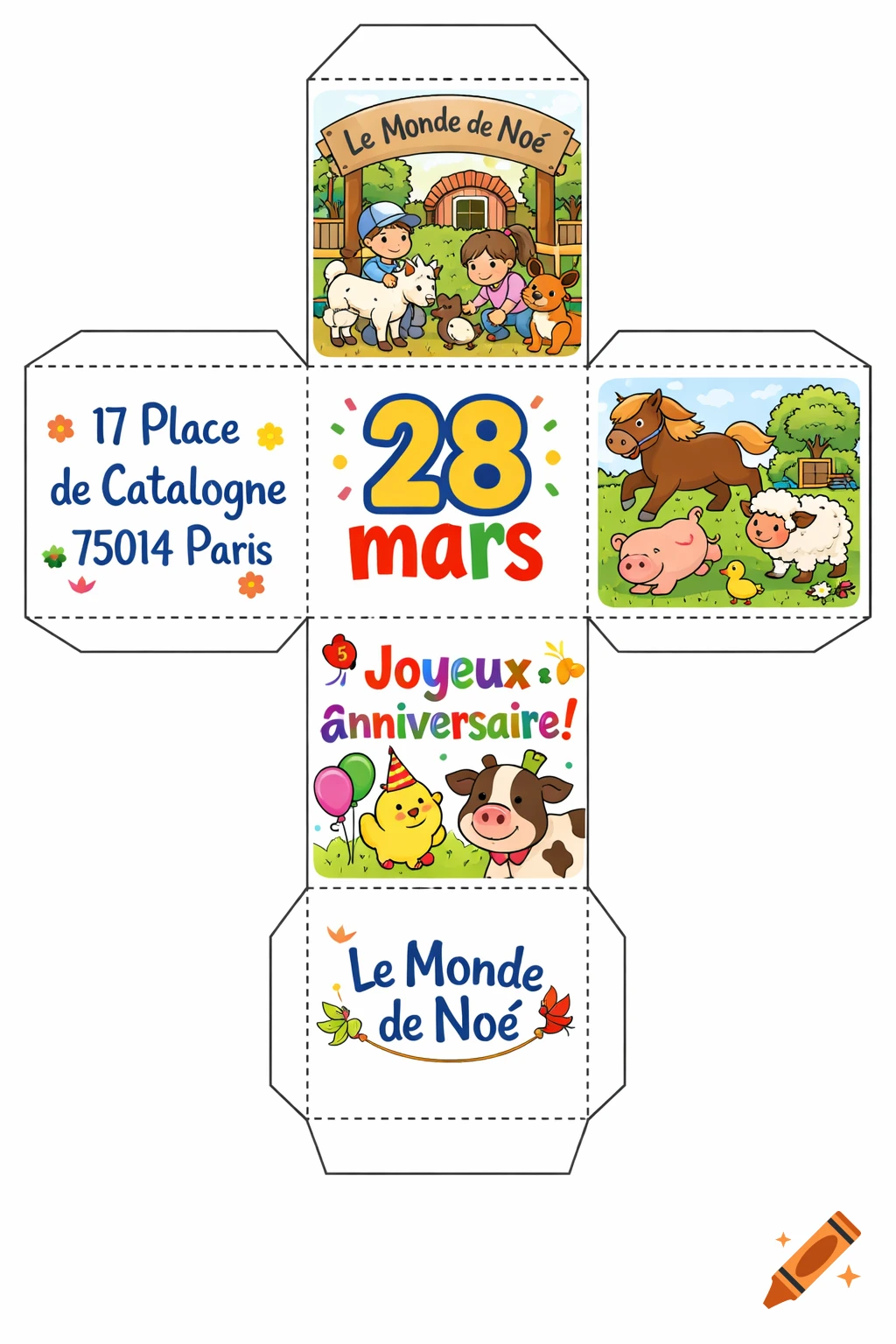 A colorful cartoon printable cube template with farm animal scenes, children, and text like 'Le Monde de Noé', '28 mars', and 'Joyeux anniversaire!'.