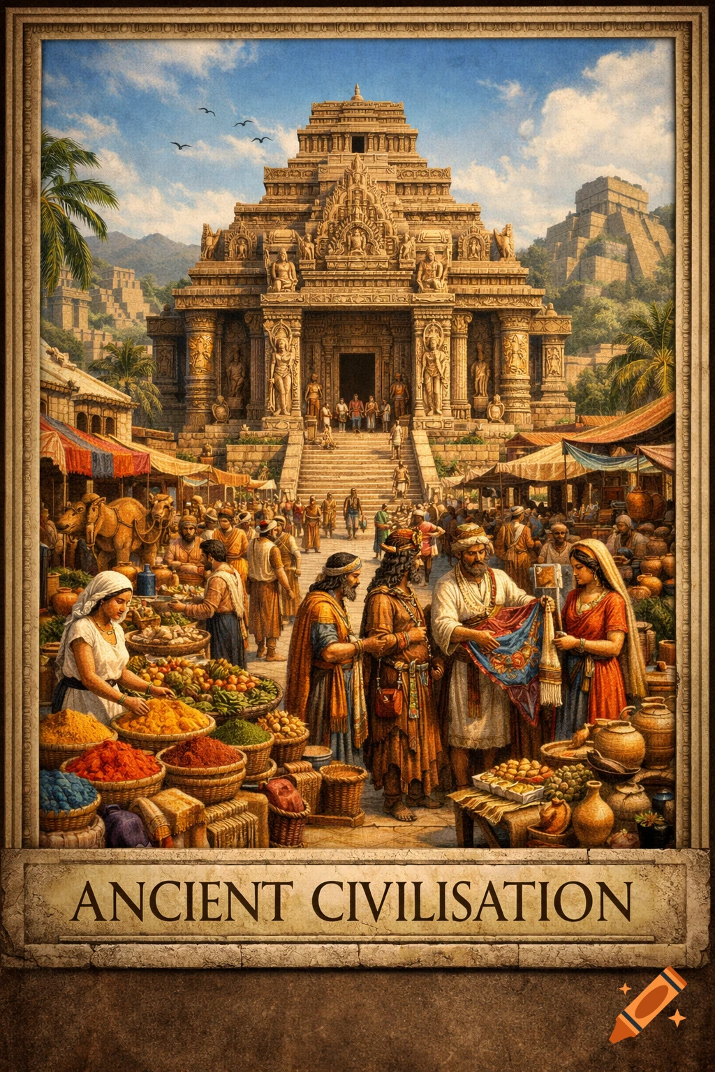 An ornate ancient temple stands behind a bustling market scene with people, baskets of goods, and an elephant under a blue sky, framed like a poster with text at the bottom.