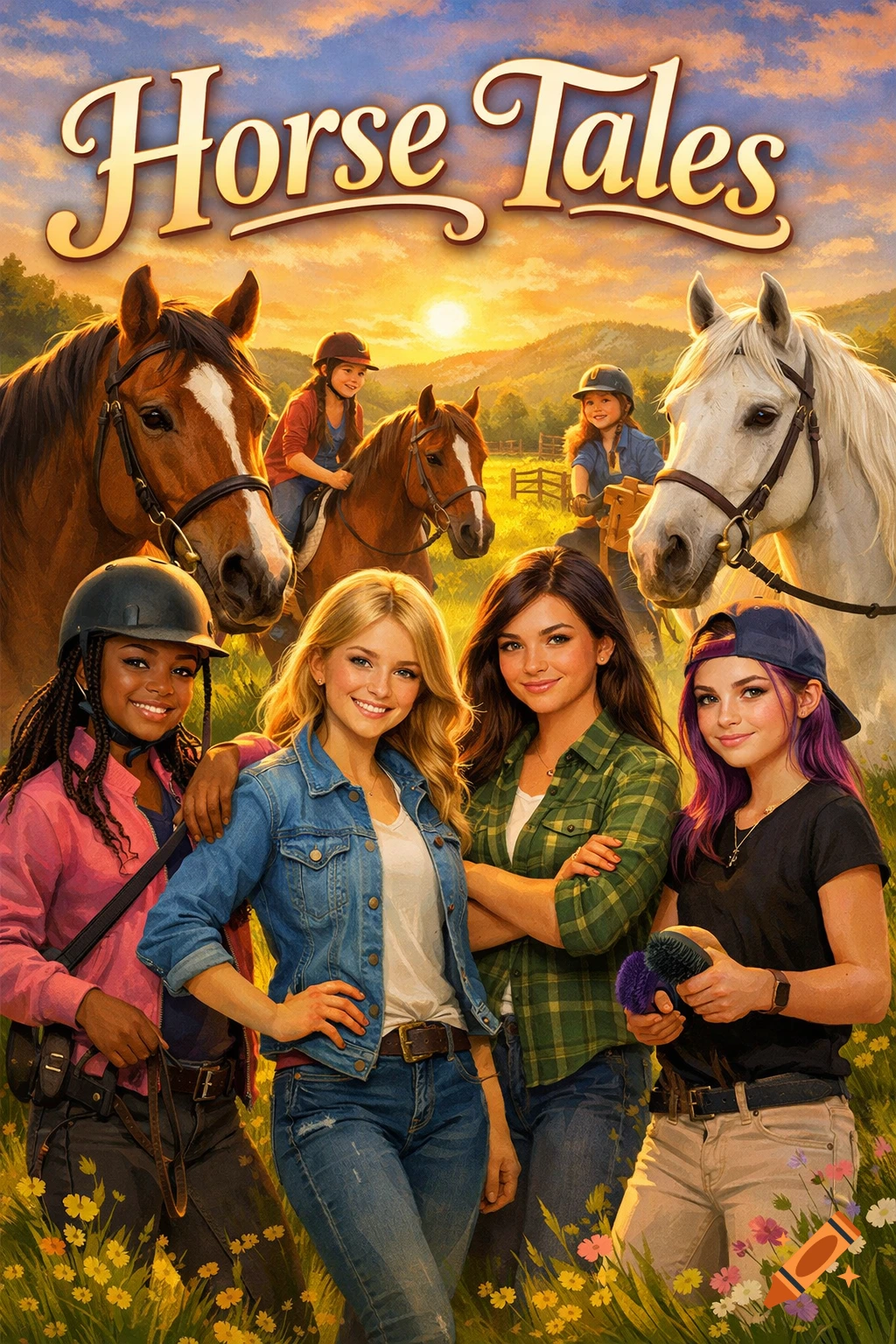Four smiling teenage girls and horses in a sunny field, with 'Horse Tales' title above, resembling a book cover.