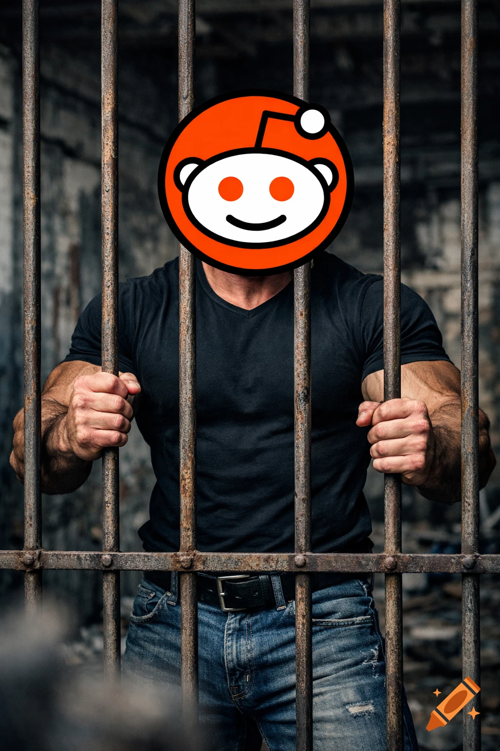 A muscular man in a black t-shirt and jeans behind rusty prison bars, with the Reddit logo covering his face.