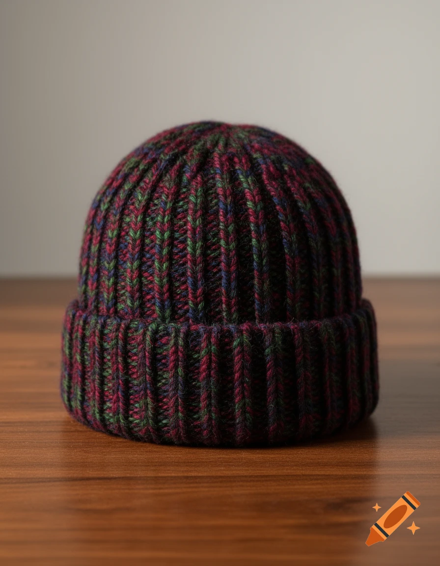 Ribbed knit beanie hat in dark red, green, and blue yarn on a wooden surface.