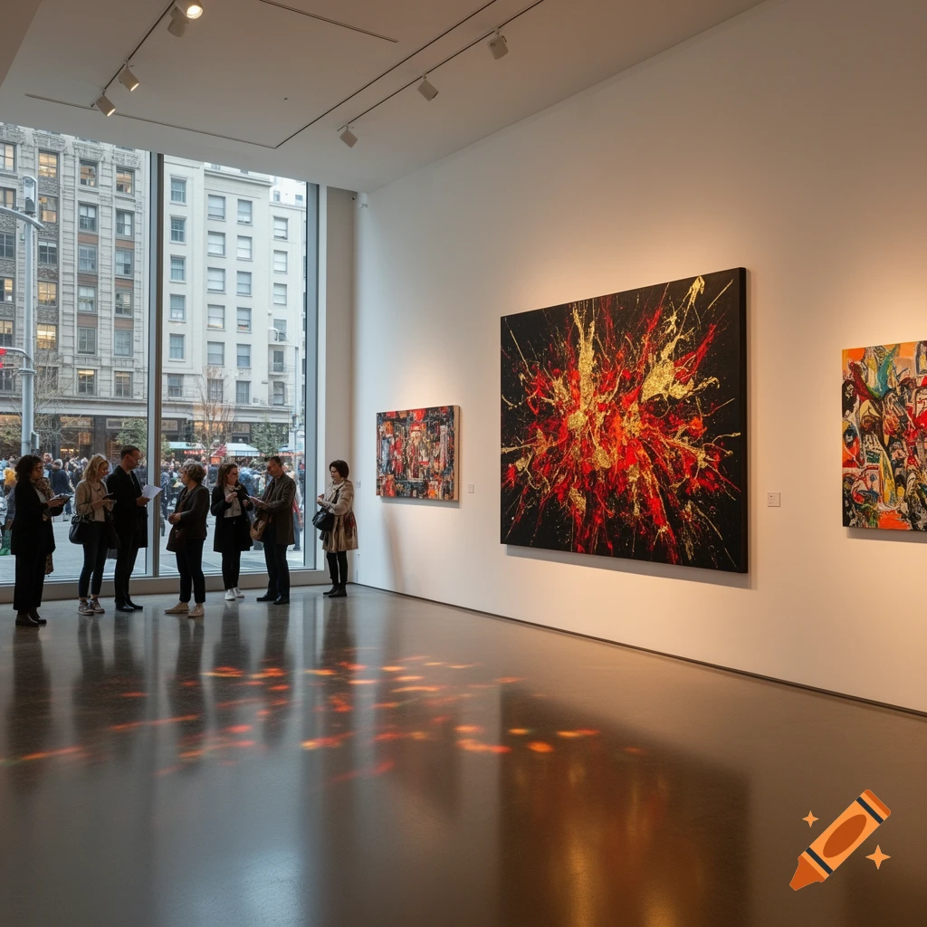 People view abstract paintings with red and gold splashes in a modern art gallery, reflections on the polished floor.