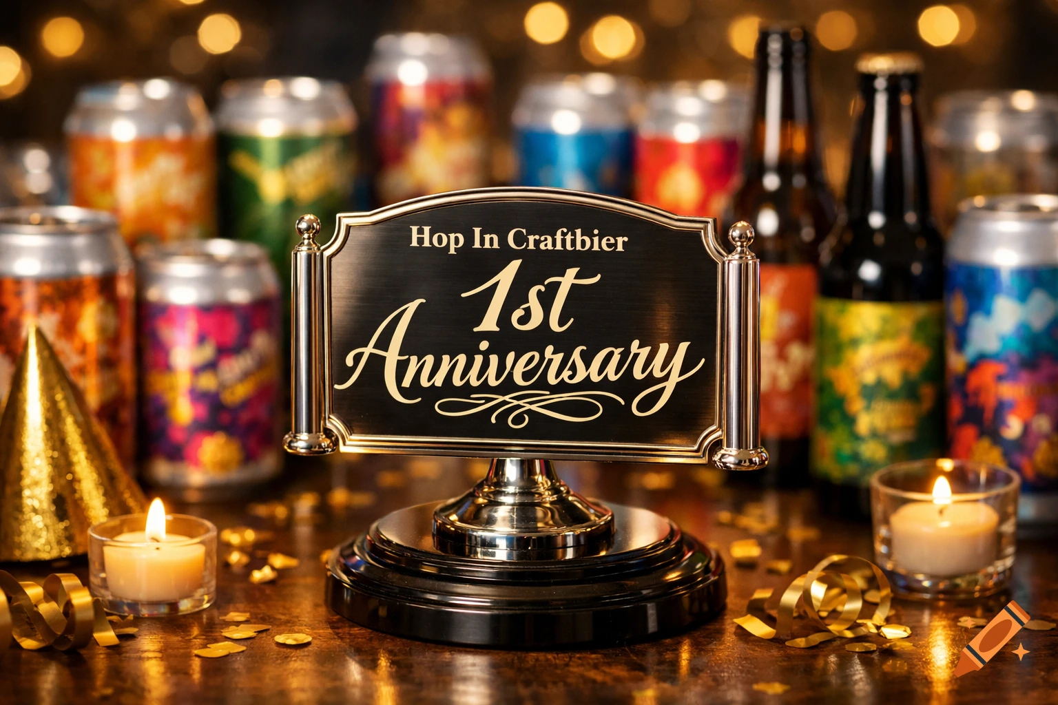 A sign for 'Hop In Craftbier 1st Anniversary' surrounded by craft beer cans and bottles, candles, and gold confetti.