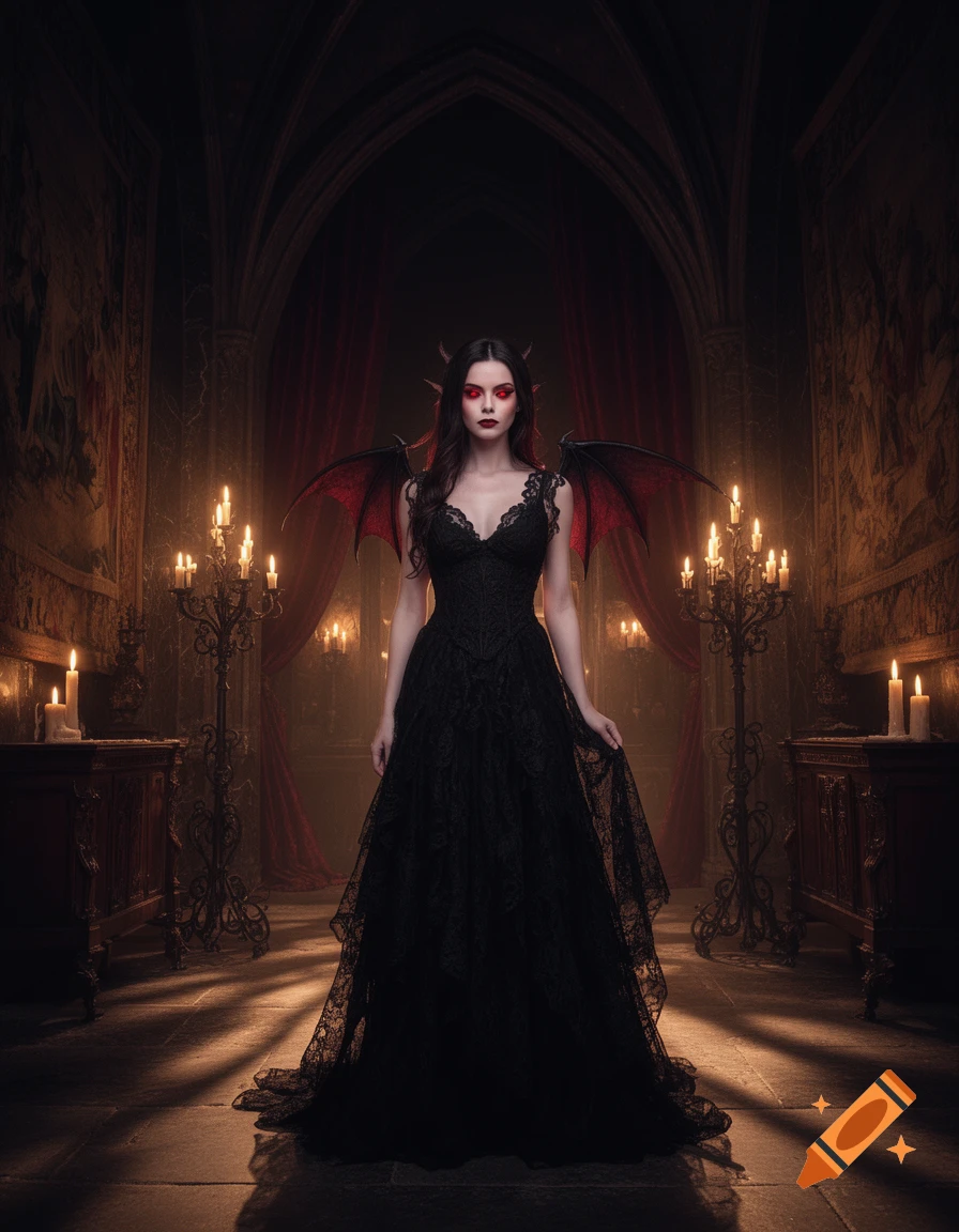 Photorealistic image of a demon woman with red eyes, horns, and bat wings, wearing a black lace gown in a dark, candlelit gothic hall.