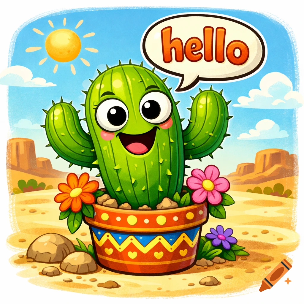 A cheerful cartoon cactus in a colorful pot, smiling and saying 'hello' in a speech bubble, in a sunny desert.