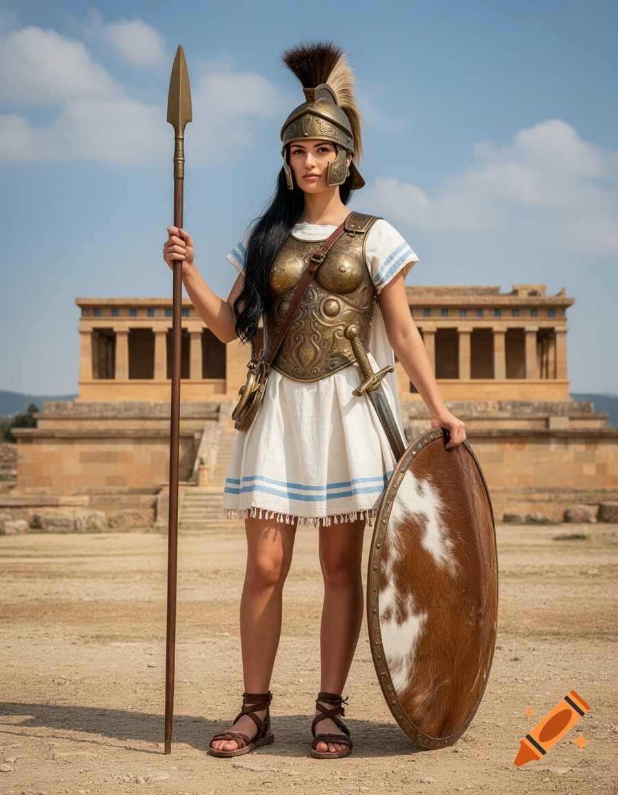 Photorealistic image of a young Mediterranean woman in antique Greek warrior attire with a spear and shield, standing before a Minoan palace.