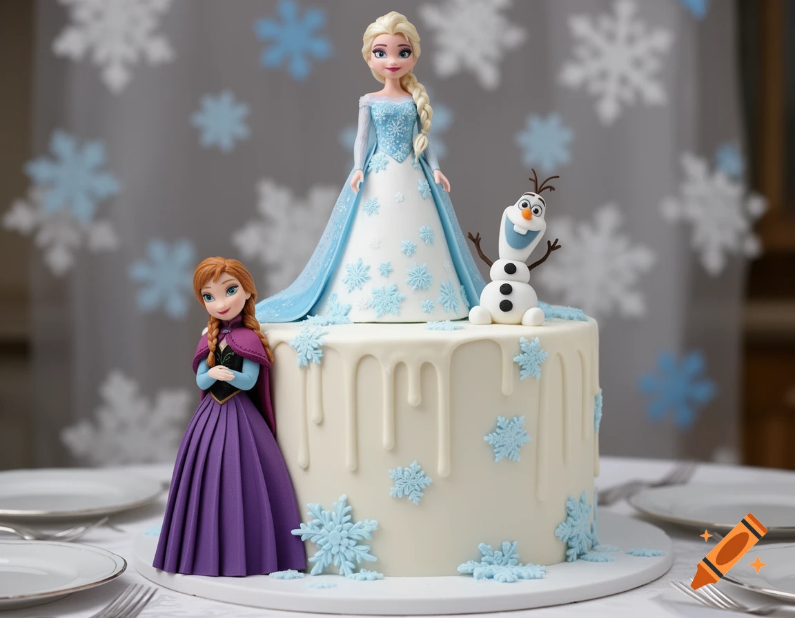 A two-tier 'Frozen' cake with Elsa doll, Anna, and Olaf figures, white frosting, blue and white fondant snowflakes, and white drip icing.