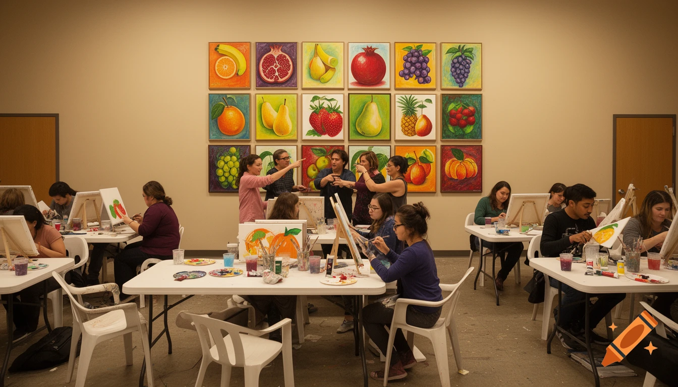 A wide-angle photo shows a lively community art event. People paint at white tables, while a 4x4 grid of colorful fruit paintings hangs on the back wall.