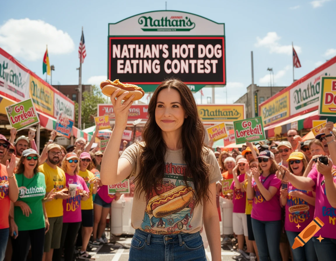 A smiling woman holding a hot dog above her head, standing at the Nathan's Hot Dog Eating Contest amidst a cheering crowd under a sunny sky.