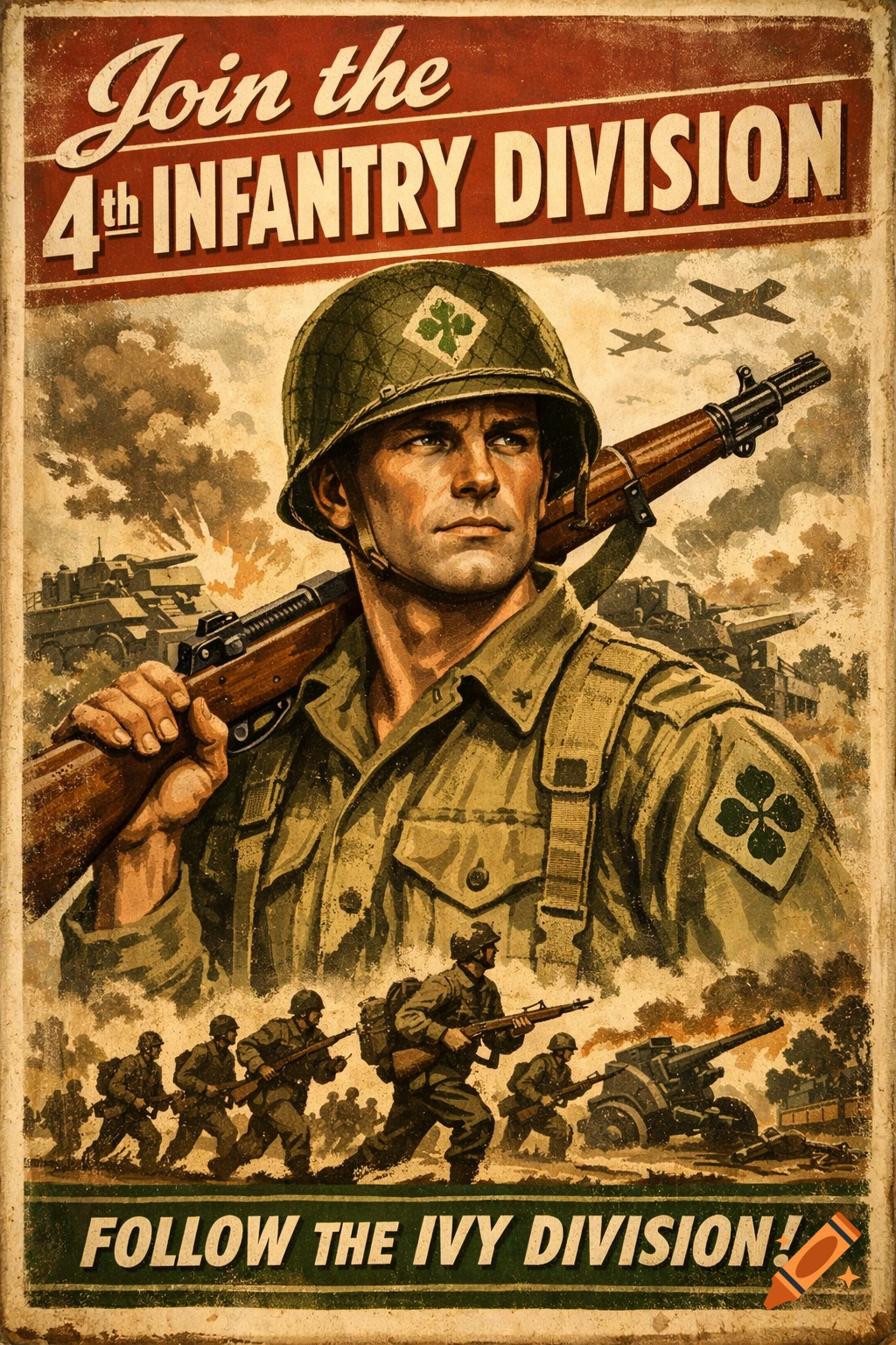 Vintage propaganda poster of a soldier with a rifle, tanks, planes, and marching soldiers, with text 'Join the 4th Infantry Division'.