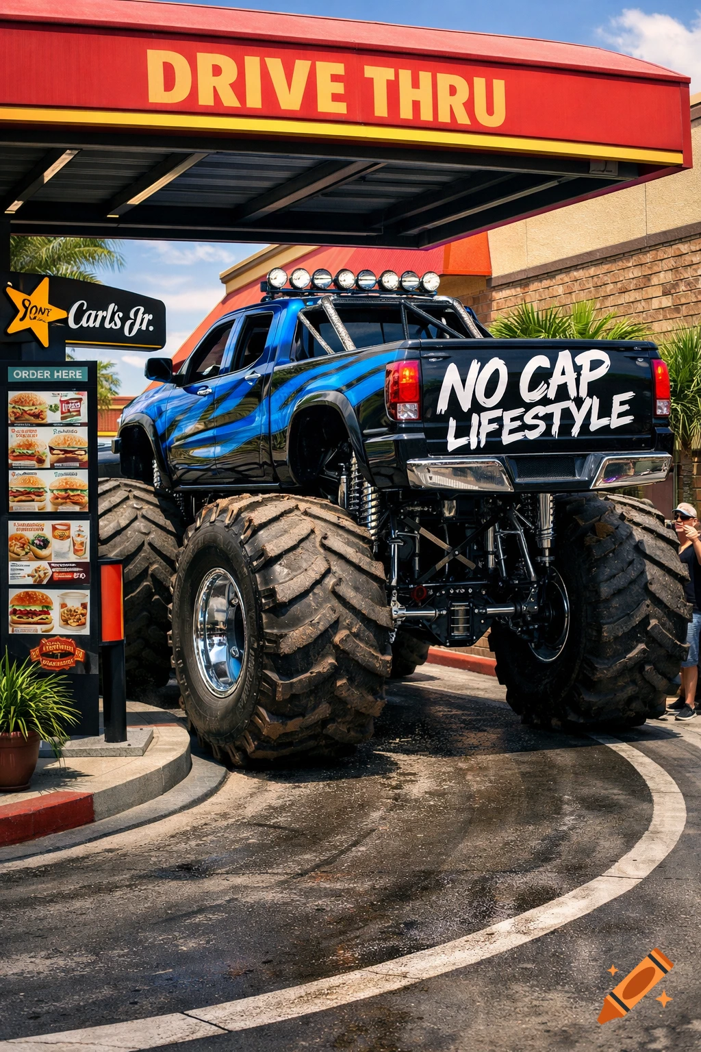 A large blue and black monster truck with 'NO CAP LIFESTYLE' on the tailgate, driving through a Carl's Jr. drive-thru.