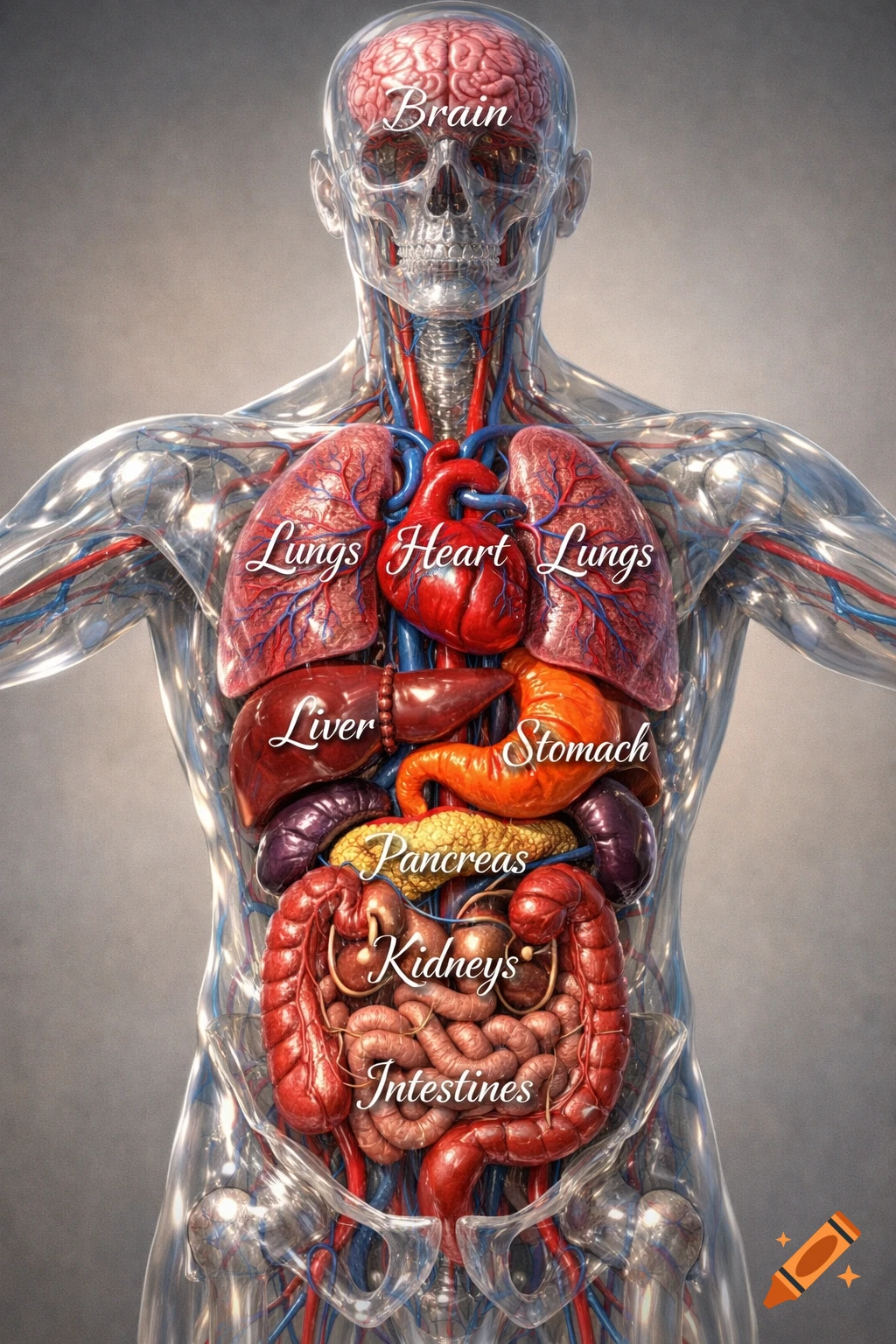 A detailed 3D anatomical illustration of a human body with transparent skin, revealing and labeling major internal organs.