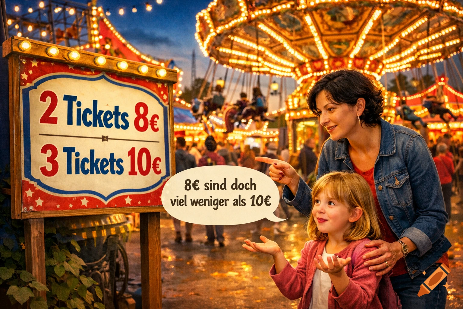 A mother and daughter at a bustling carnival at dusk, looking at a ticket sign that reads "2 Tickets 8 3 Tickets 10 " and a speech bubble with German text about prices, with a carousel in the background.