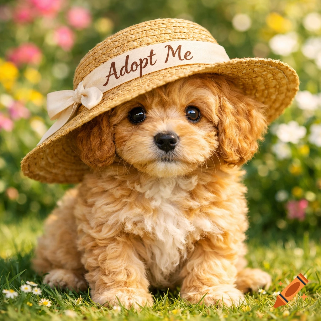 A cute cavapoo puppy wearing a straw hat that says "Adopt Me" sits in a field of colorful flowers.