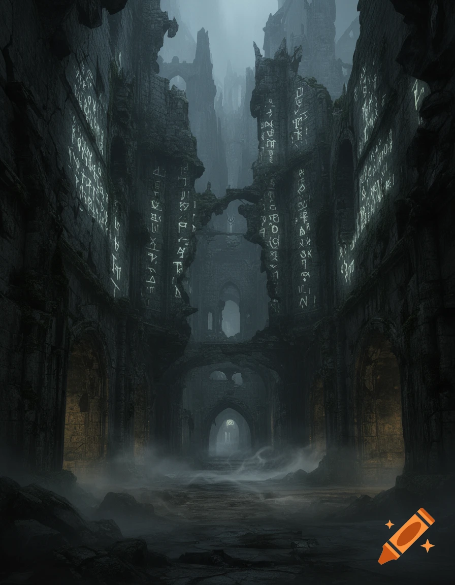 Dark, ancient gothic castle ruins with glowing, illegible runes on crumbling walls and a misty pathway leading into a foreboding depth.