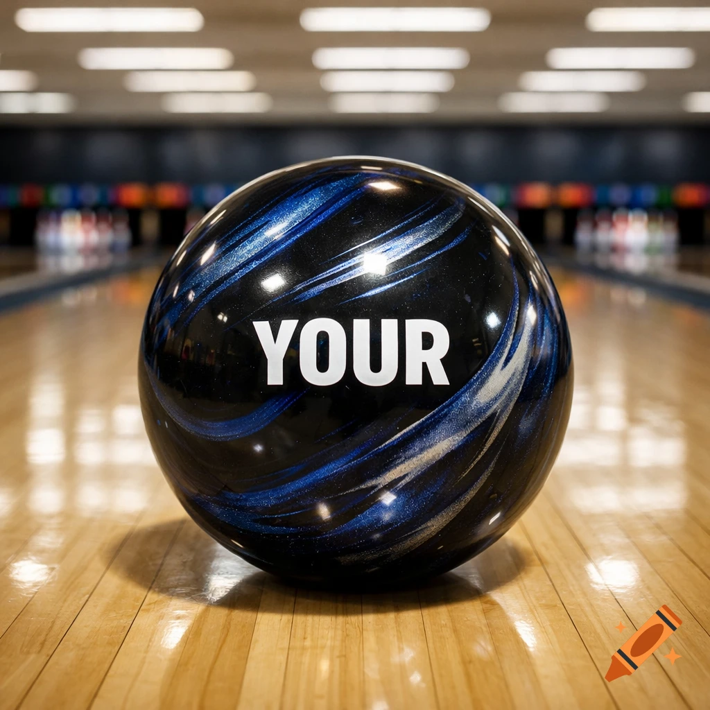 A black and blue bowling ball with 'YOUR' written on it rests on a wooden lane in a bowling alley, with pins in the background.