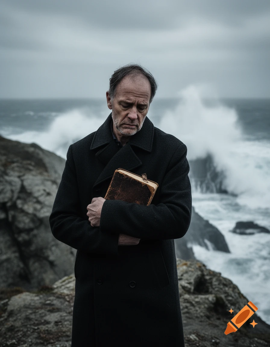 A somber man in a dark coat holds an old book by a stormy sea on a cliff under a cloudy sky.