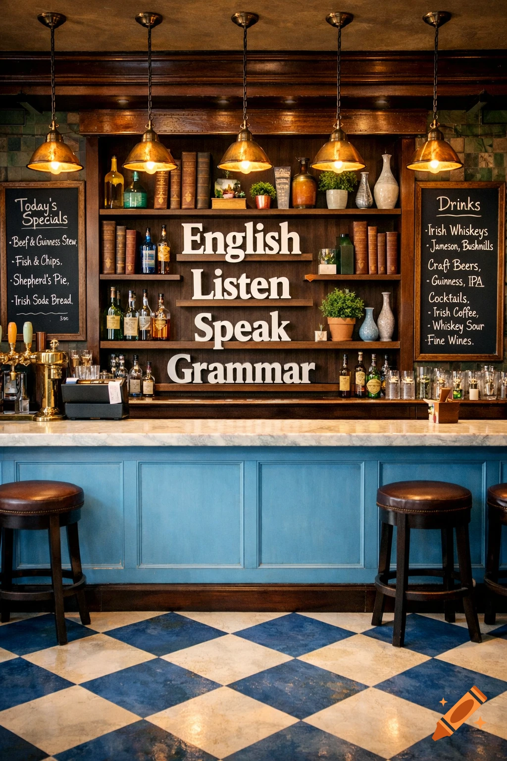 Photorealistic interior of a cozy Irish pub with a light blue bar, marble top, bookshelves, signs, chalkboards, and a blue and white checkered floor.