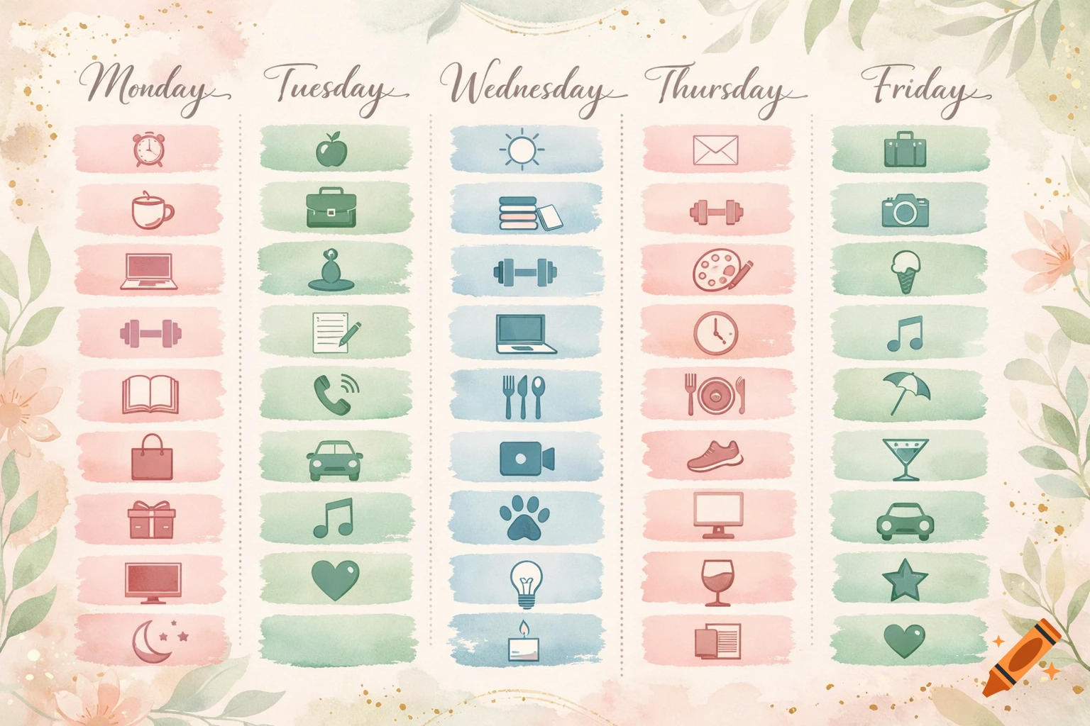 A watercolor aesthetic daily planner with Monday to Friday columns and rows of various activity icons.