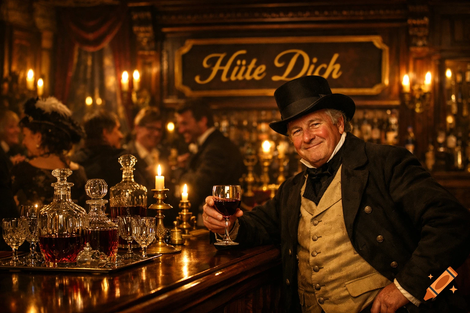 A smiling man in a top hat and formal wear holds a glass of red wine in a dimly lit, old-fashioned bar.