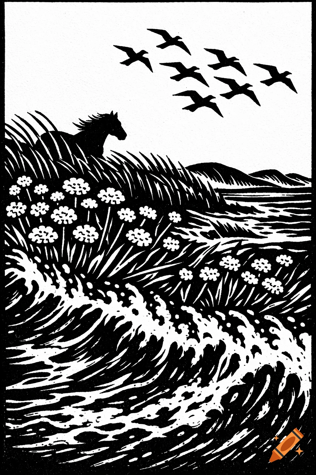 A black and white linocut illustration depicting a horse in tall grass and wildflowers by a surging ocean, with birds flying overhead.