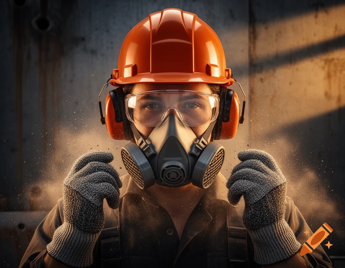 A person in an orange hard hat, safety goggles, respirator mask, ear protection, and gloves, surrounded by dust.