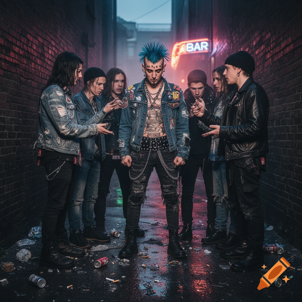 Group of punks with ripped denim and chains standing in a dark, wet urban alley with a neon BAR sign and trash on the ground.