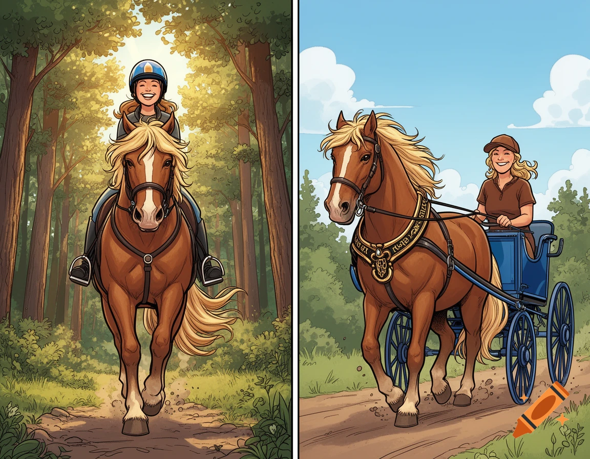 A comic illustration split into two panels. On the left, a smiling woman rides a Fjord horse through a forest. On the right, the same woman drives the horse pulling a blue carriage.