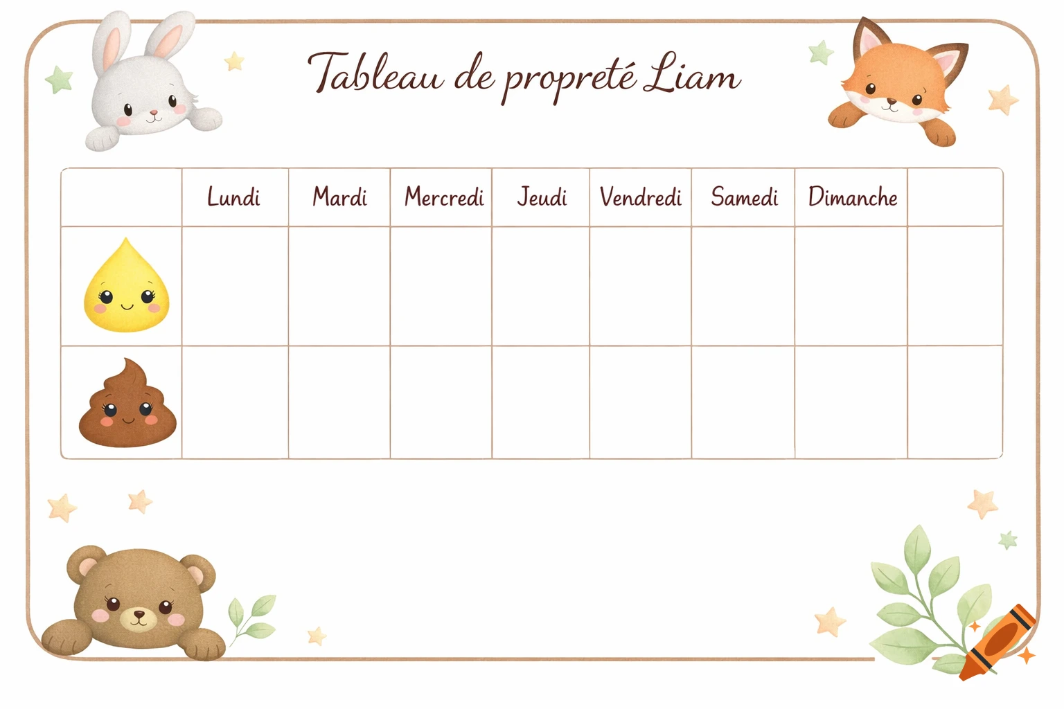 Pastel potty training chart titled 'Tableau de propret et Liam' with cartoon pee, poop, days of week, rabbit, fox, and bear.