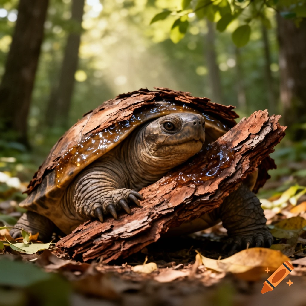 A photorealistic close-up of a turtle in a forest, its shell covered ...