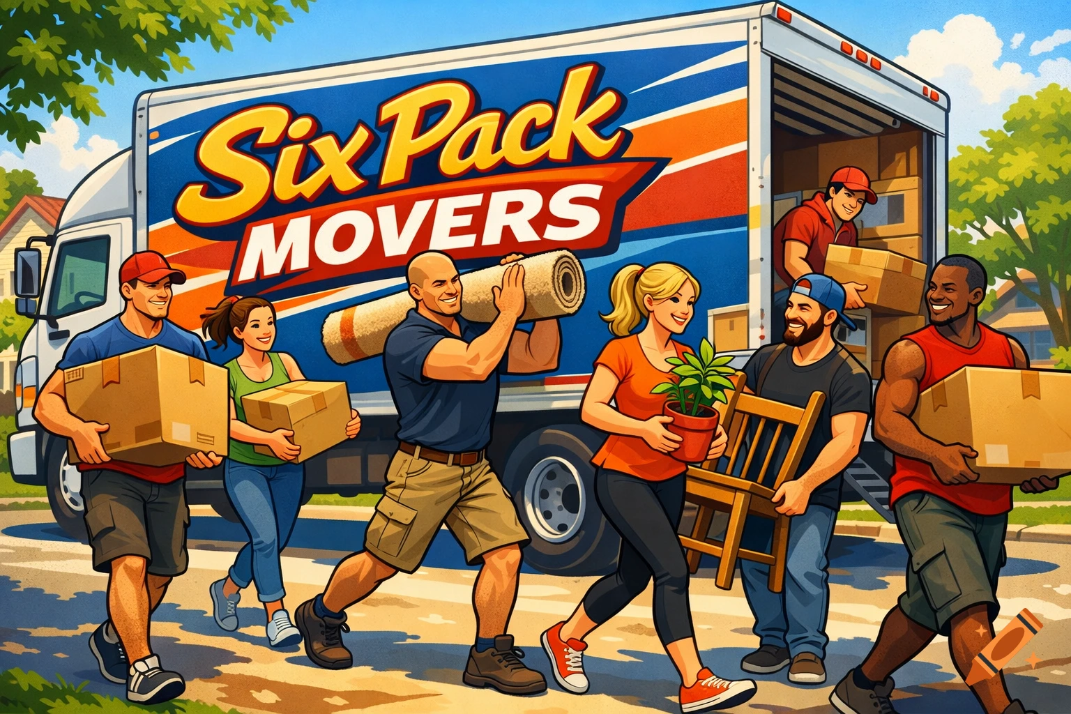 A diverse group of cartoon movers carrying boxes, a rug, a plant, and a chair to a 'Six Pack MOVERS' truck on a sunny day.