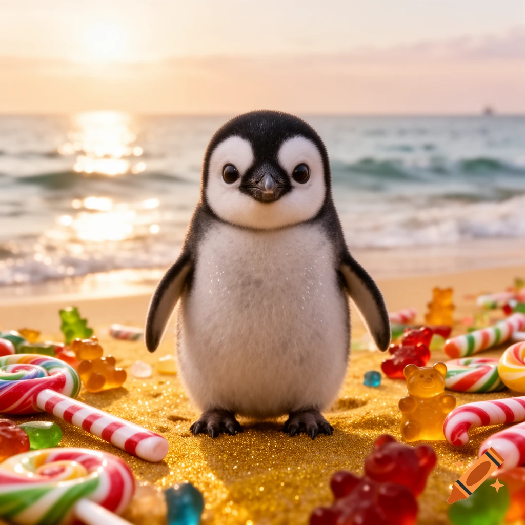A cute baby penguin stands on a glittery beach surrounded by colorful candies with the ocean in the background at sunset, photorealistic.