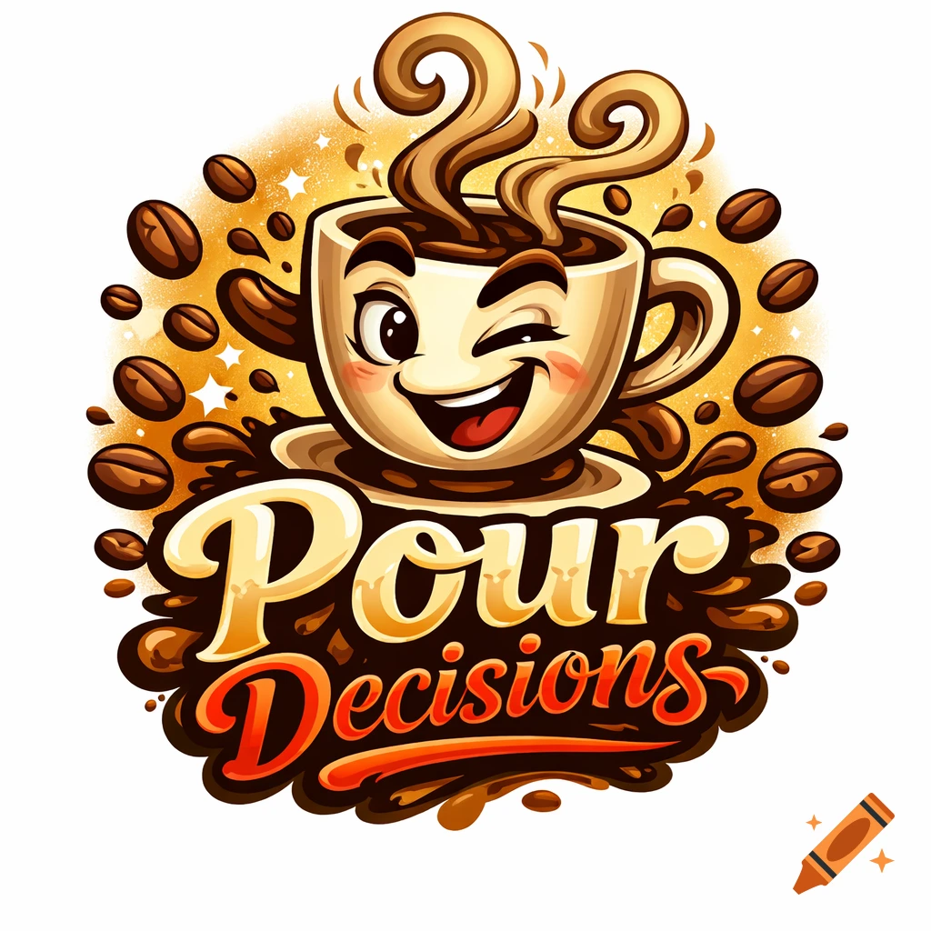Cartoon logo with a winking coffee cup character, steam, coffee beans, and splashes, with text 'Pour Decisions'.