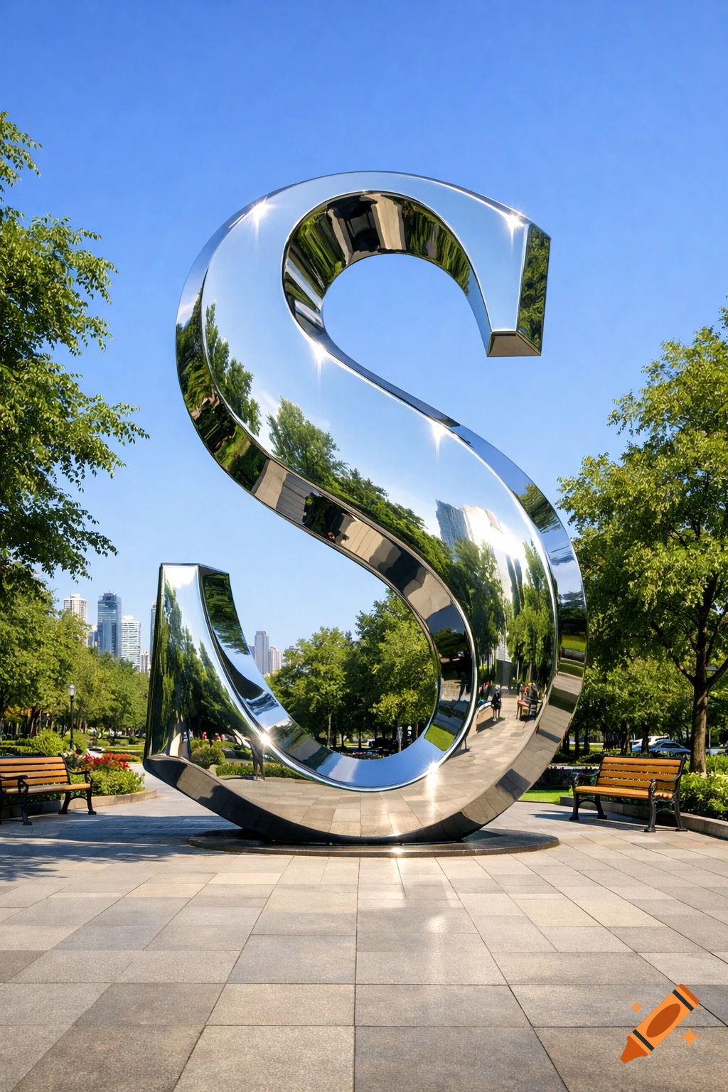 A massive, gleaming chrome sculpture in the shape of the letter S stands prominently in a sunny urban park with trees and city buildings.