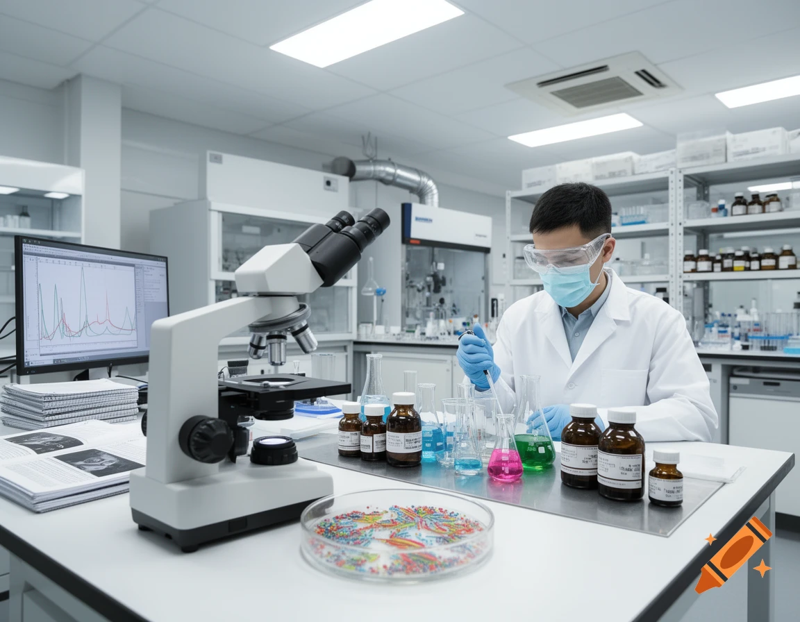 A scientist in a mask and lab coat uses a pipette at a lab bench with a microscope and beakers.