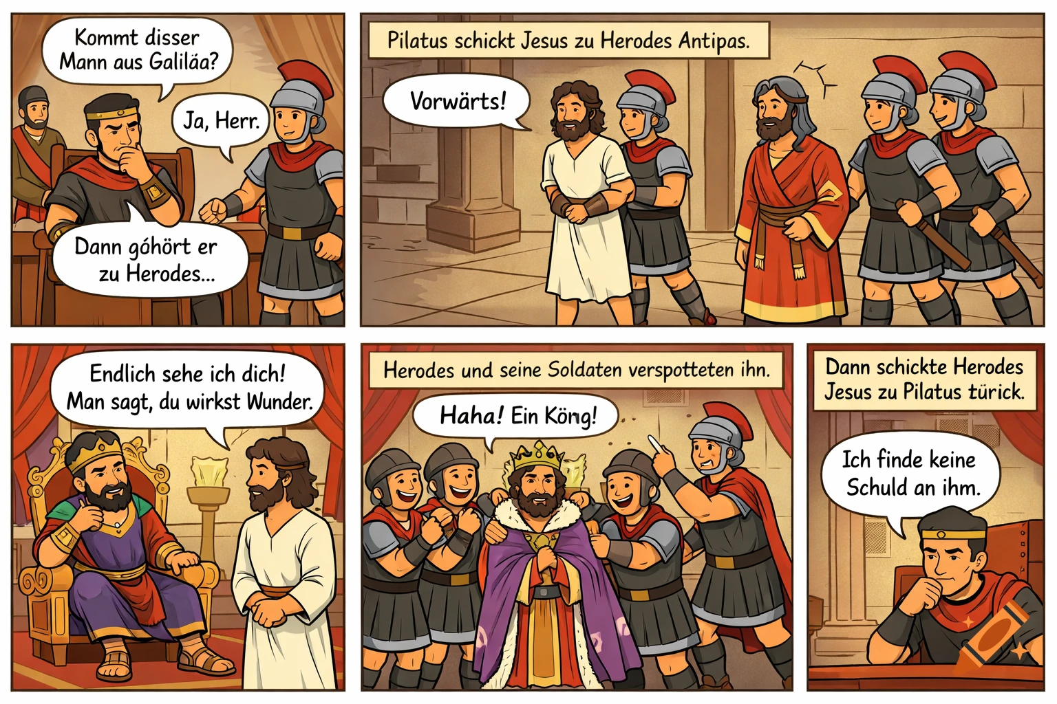 A six-panel cartoon comic strip depicting Jesus being questioned by Pilate, sent to Herod Antipas, mocked by Herod's soldiers with a royal robe, and then sent back to Pilate who finds no fault in him.