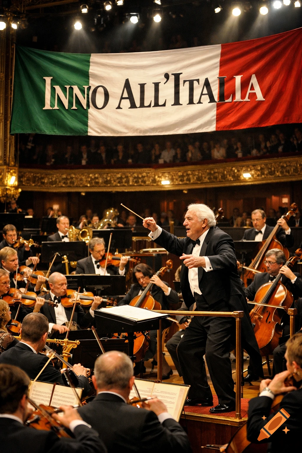 An orchestra performs in a concert hall under a large Italian flag banner with 'Inno All'Italia' text, led by a conductor.