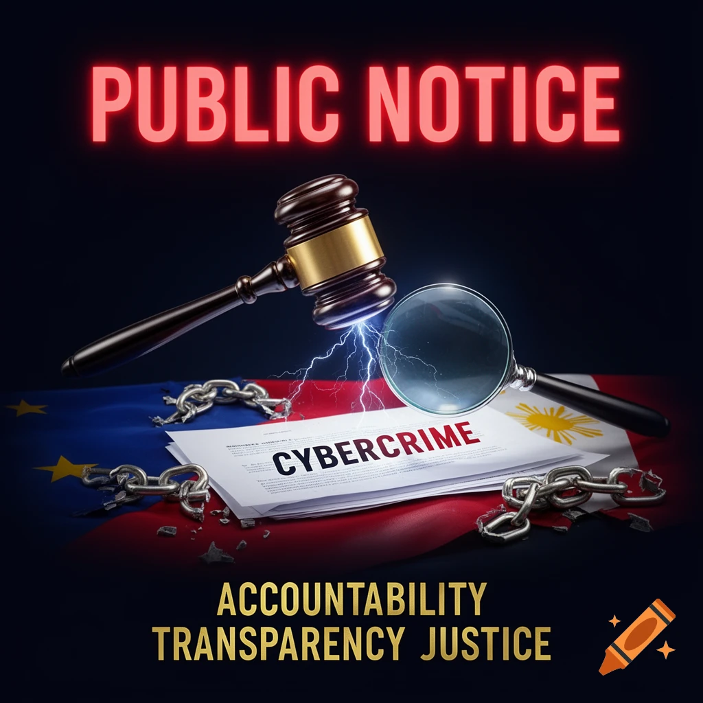 A gavel and magnifying glass over a document with 'CYBERCRIME', broken chains, and text 'PUBLIC NOTICE' and 'ACCOUNTABILITY TRANSPARENCY JUSTICE' on a dark background.