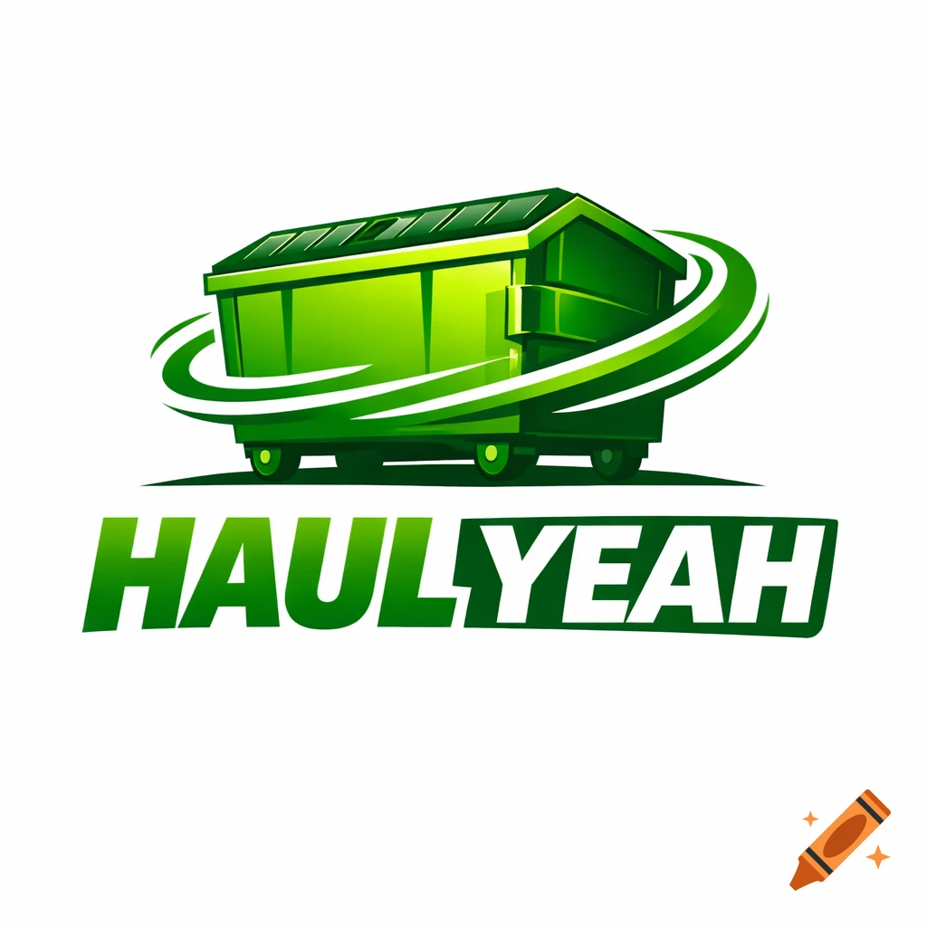 Green dumpster logo with swirling accents and HAULYEAH text.