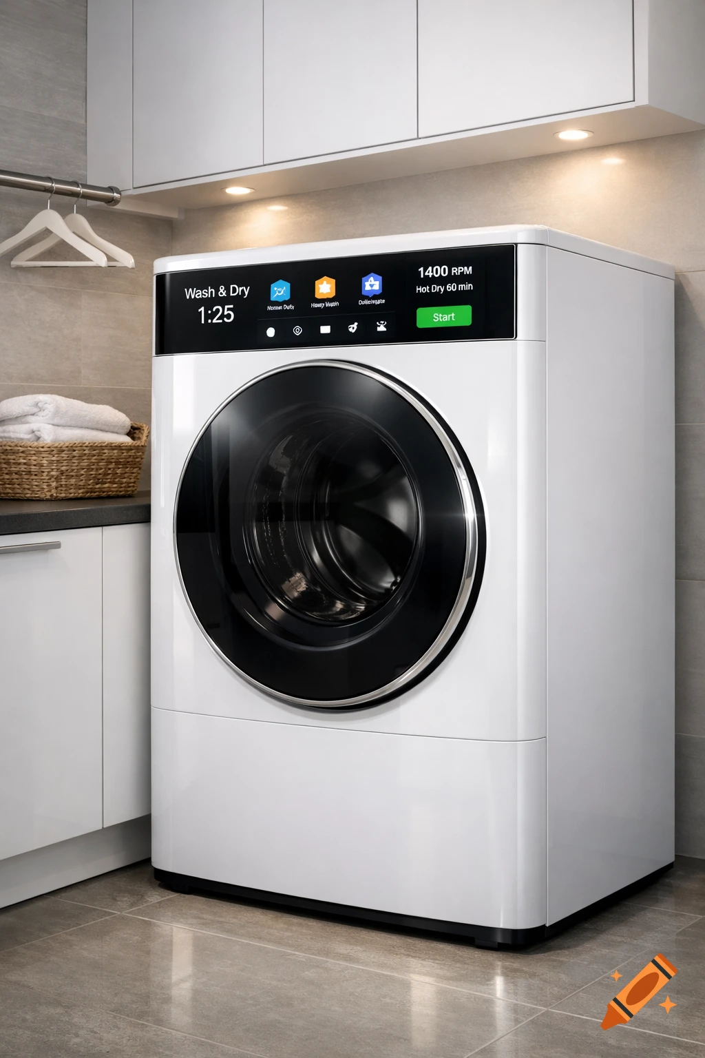 A modern white 2-in-1 washer dryer with a black digital interface showing 'Wash & Dry 1:25' in a clean laundry room.