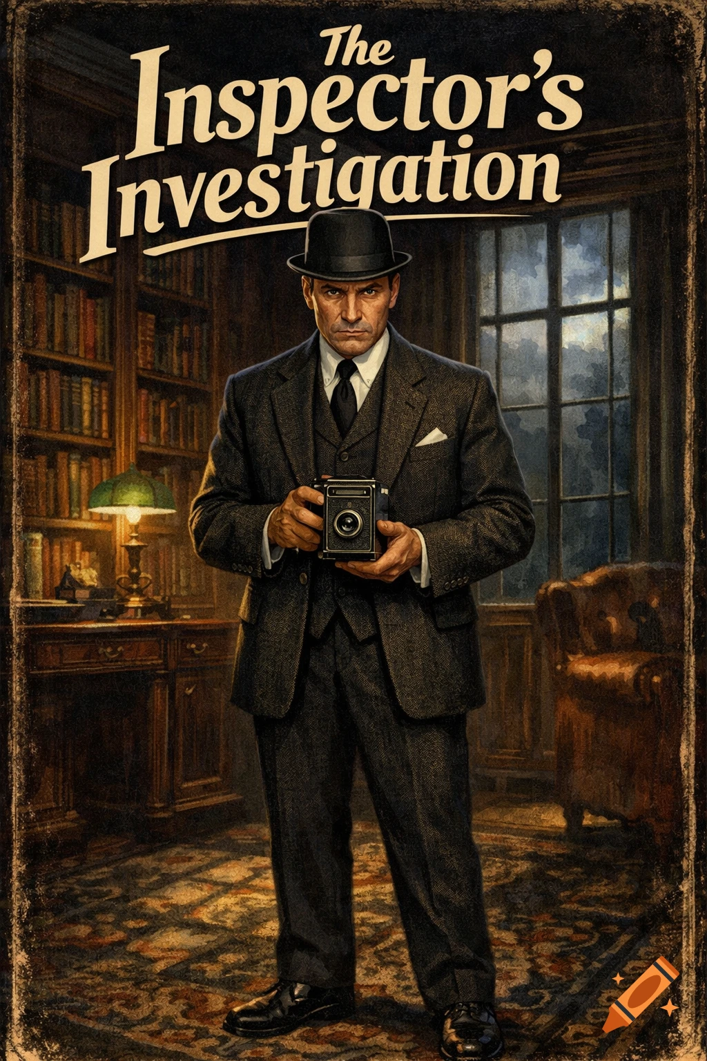A stern vintage detective in a suit and bowler hat holds a camera in a study, with a book cover title 'The Inspector's Investigation'.