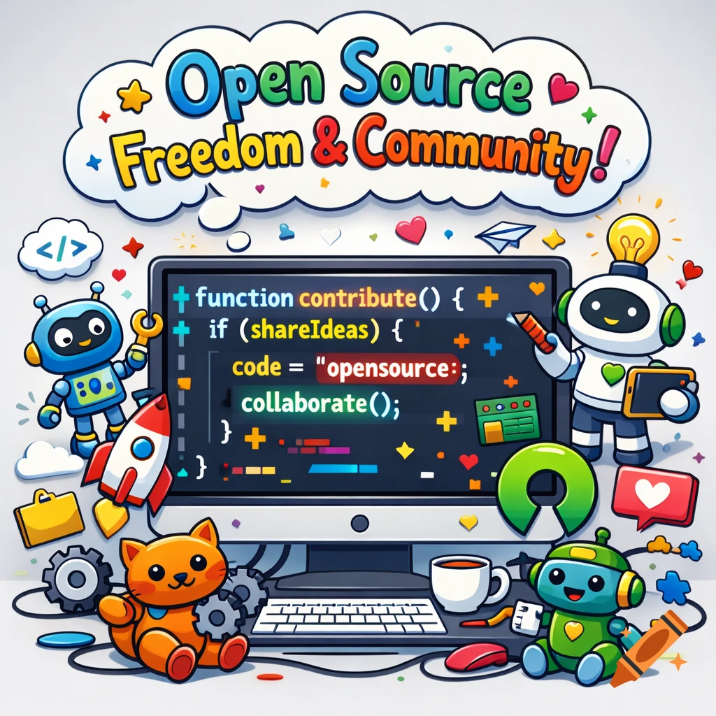 Cartoon robots and a cat gathered around a computer screen displaying 'Open Source Freedom & Community!' and code.